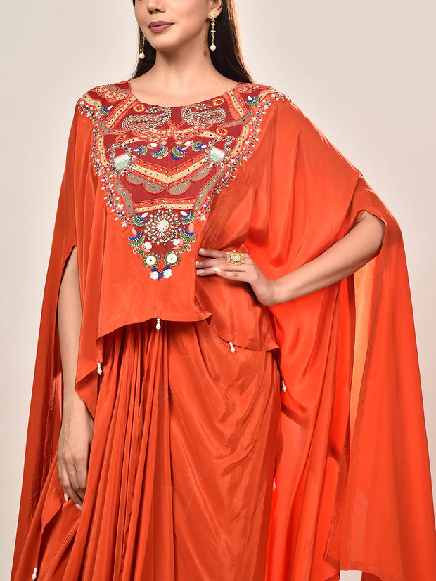 Orange Crepe Embroidered Cape and Drape Skirt Set