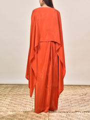 Orange Crepe Embroidered Cape and Drape Skirt Set