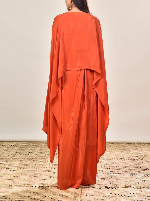 Orange Crepe Embroidered Cape and Drape Skirt Set