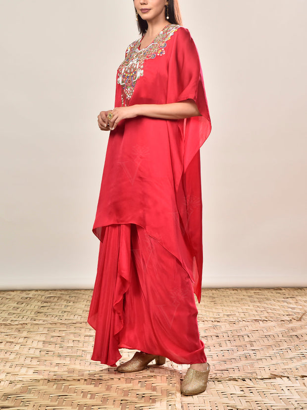 Ruby Pink Crepe Embroidered Cape and Drape Skirt Set
