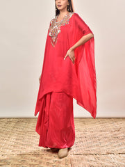 Ruby Pink Crepe Embroidered Cape and Drape Skirt Set
