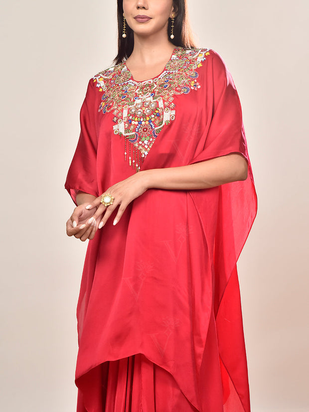 Ruby Pink Crepe Embroidered Cape and Drape Skirt Set