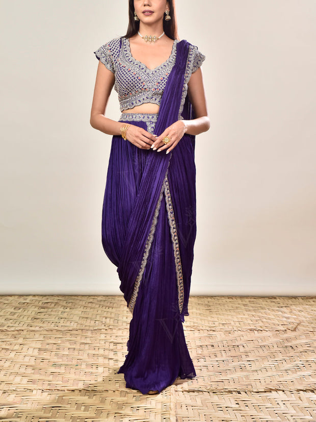 Violet Wrinkle Crepe Embroidered Drape Saree