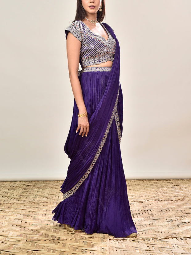 Violet Wrinkle Crepe Embroidered Drape Saree