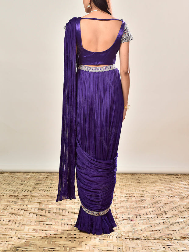 Violet Wrinkle Crepe Embroidered Drape Saree