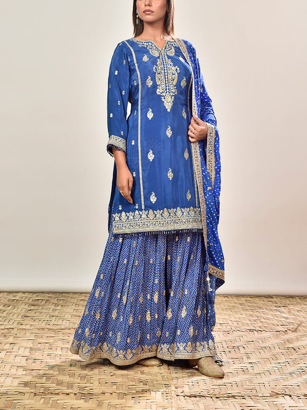 Blue Crepe Embroidered Kurta and Garara Set