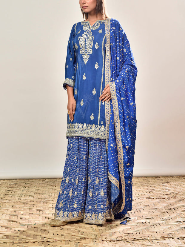 Blue Crepe Embroidered Kurta and Garara Set