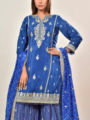 Blue Crepe Embroidered Kurta and Garara Set