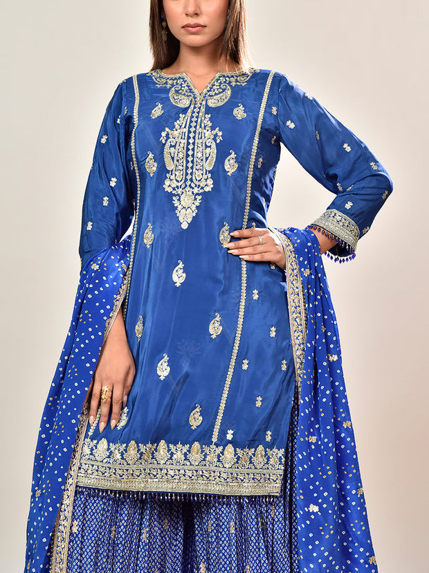 Blue Crepe Embroidered Kurta and Garara Set