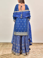 Blue Crepe Embroidered Kurta and Garara Set