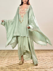 Green Satin Embroidered Kaftan and Drape Skirt Set