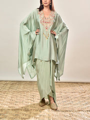 Green Satin Embroidered Kaftan and Drape Skirt Set