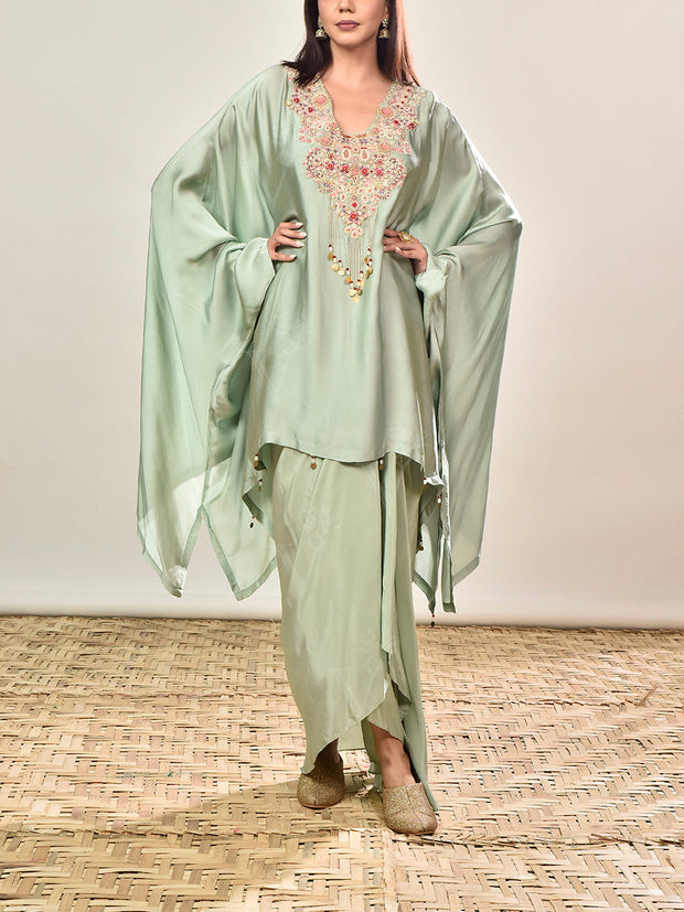 Green Satin Embroidered Kaftan and Drape Skirt Set