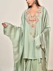 Green Satin Embroidered Kaftan and Drape Skirt Set