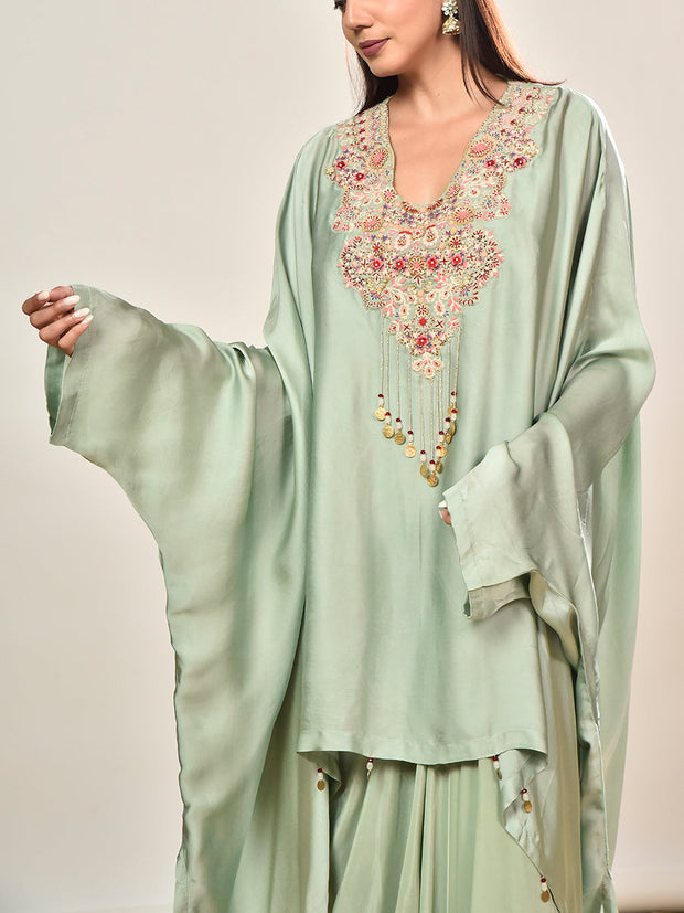 Green Satin Embroidered Kaftan and Drape Skirt Set