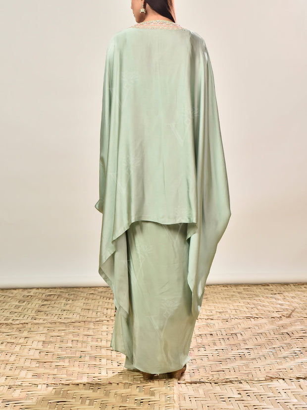 Green Satin Embroidered Kaftan and Drape Skirt Set