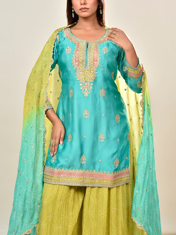 Green and Blue Satin Embroidered Kurta and Garara Set