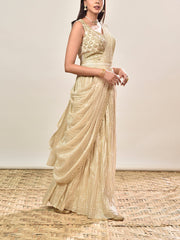 Beige Banarasi Silk Embroidered Drape Saree
