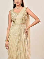 Beige Banarasi Silk Embroidered Drape Saree