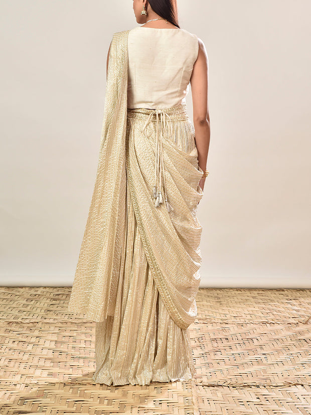 Beige Banarasi Silk Embroidered Drape Saree