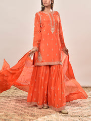 Orange Wrinkle Crepe Embroidered Kurta and Sharara Set