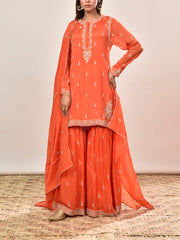 Orange Wrinkle Crepe Embroidered Kurta and Sharara Set