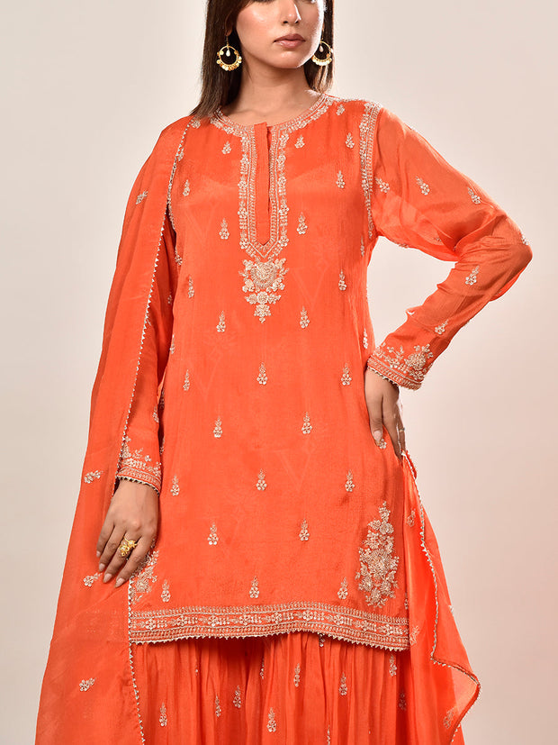 Orange Wrinkle Crepe Embroidered Kurta and Sharara Set