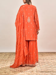 Orange Wrinkle Crepe Embroidered Kurta and Sharara Set