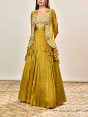 Green Embroidered Organza Jacket with Skirt Set