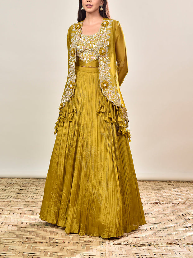 Green Embroidered Organza Jacket with Skirt Set