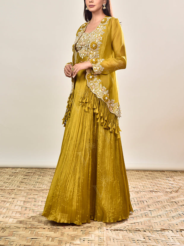 Green Embroidered Organza Jacket with Skirt Set
