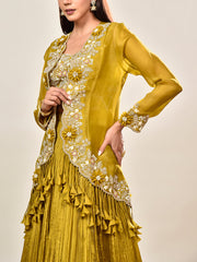 Green Embroidered Organza Jacket with Skirt Set