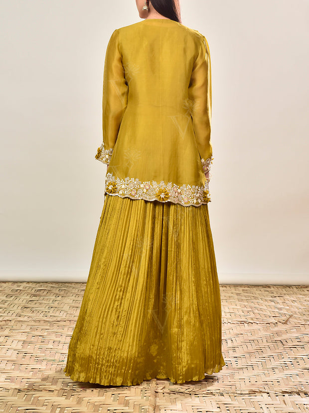 Green Embroidered Organza Jacket with Skirt Set