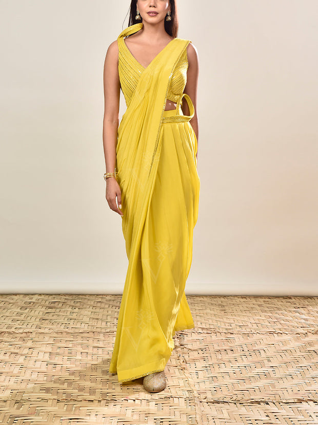 Yellow Embroidered Crepe Drape Saree