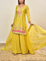 Lime Embroidered Satin Kurta and Garara Set