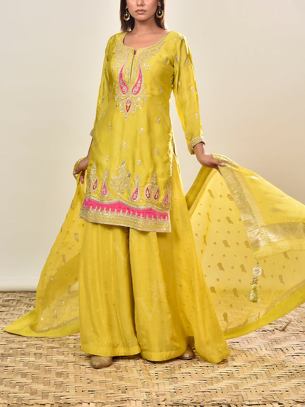 Lime Embroidered Satin Kurta and Garara Set