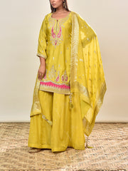 Lime Embroidered Satin Kurta and Garara Set
