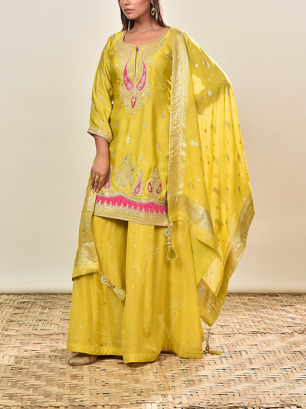 Lime Embroidered Satin Kurta and Garara Set