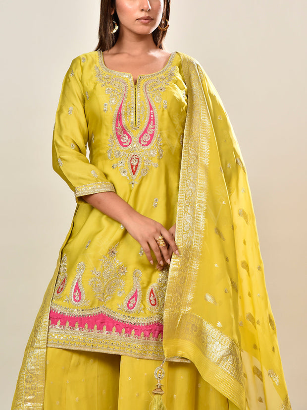 Lime Embroidered Satin Kurta and Garara Set