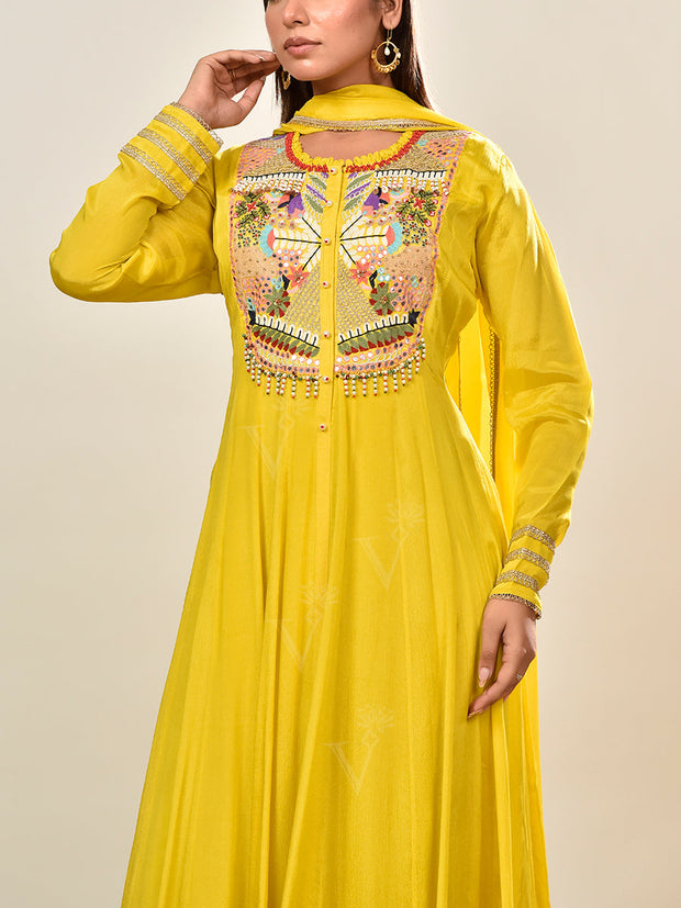Yellow Embroidered Wrinkle Crepe Gown