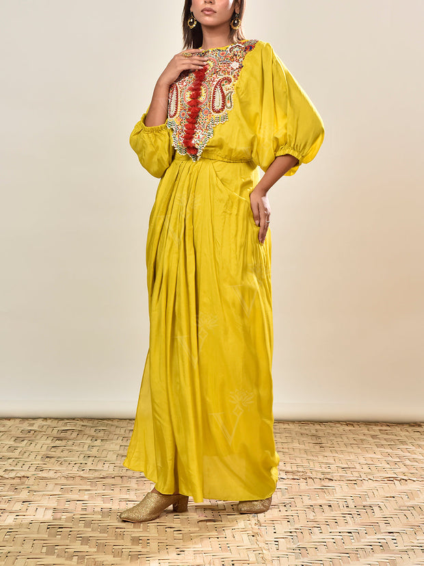 Yellow Embroidered Summer Silk Top and Drape Skirt Set