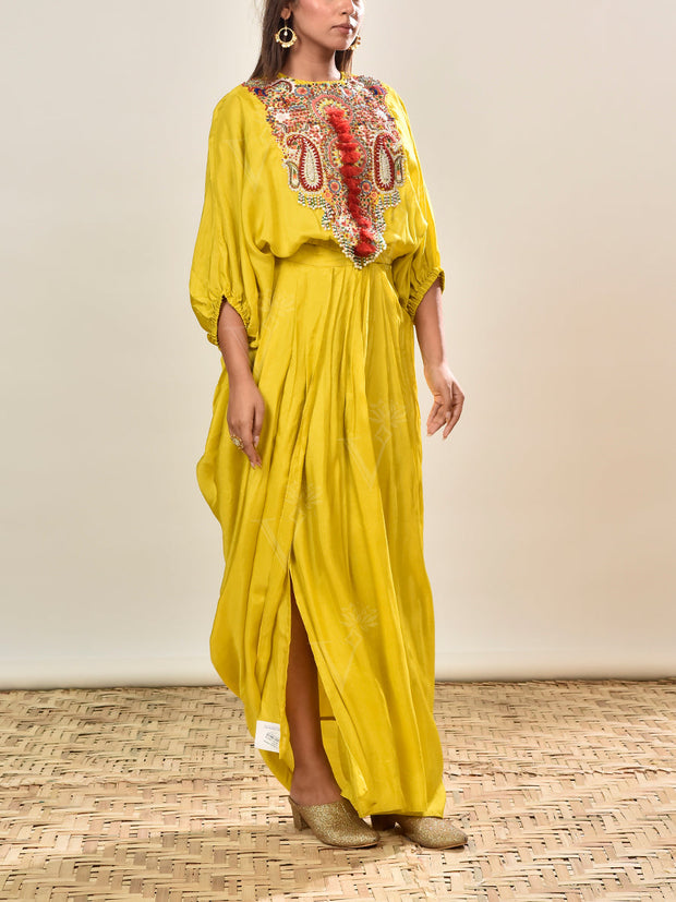 Yellow Embroidered Summer Silk Top and Drape Skirt Set