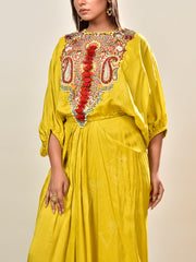 Yellow Embroidered Summer Silk Top and Drape Skirt Set