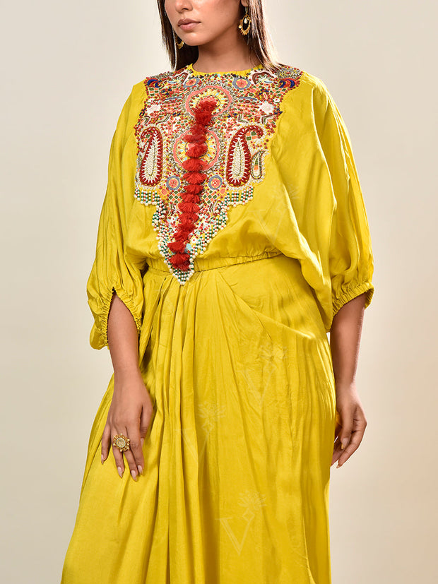 Yellow Embroidered Summer Silk Top and Drape Skirt Set
