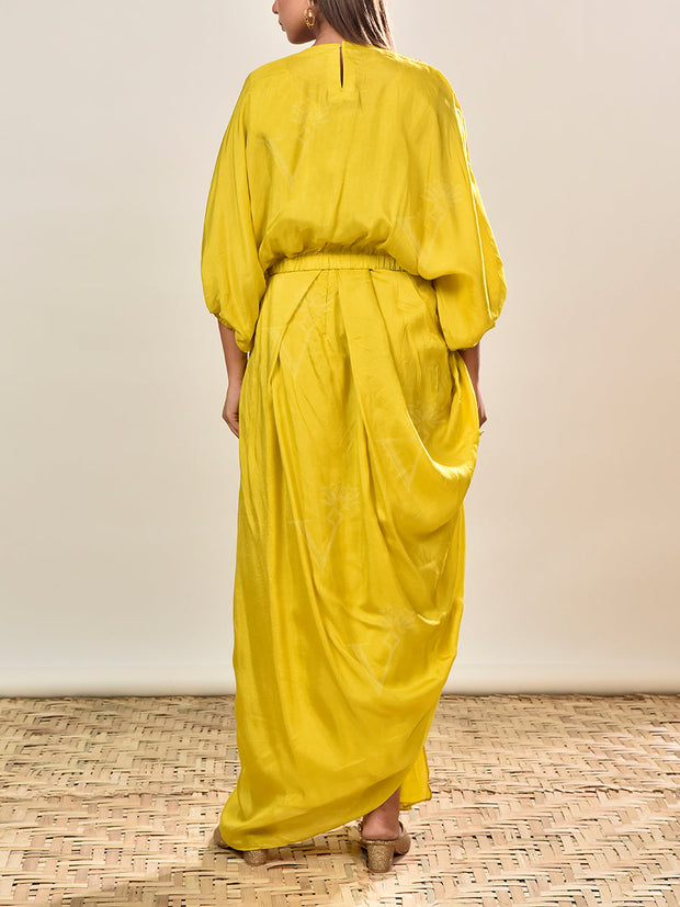 Yellow Embroidered Summer Silk Top and Drape Skirt Set
