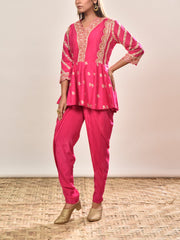Pink Silk Embroidered Peplum and Dhoti Pants Set