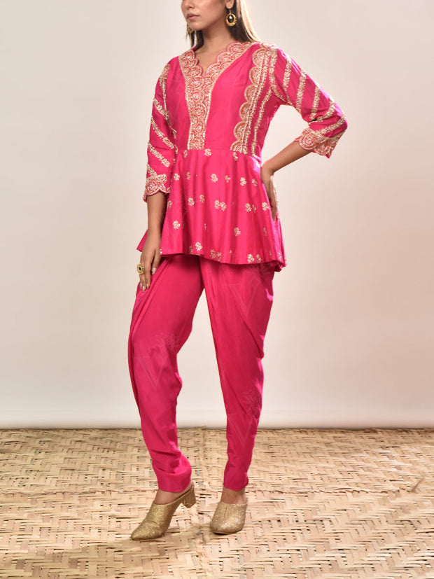 Pink Silk Embroidered Peplum and Dhoti Pants Set