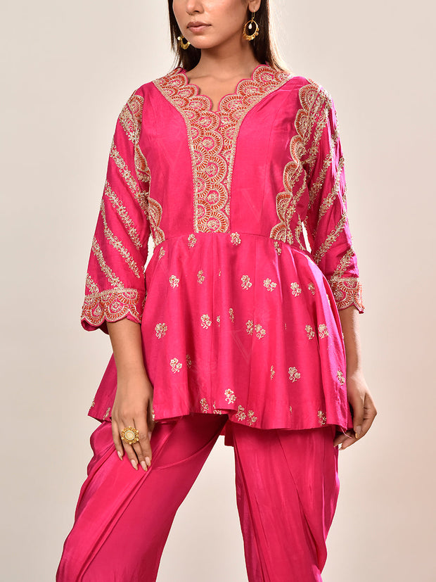 Pink Silk Embroidered Peplum and Dhoti Pants Set