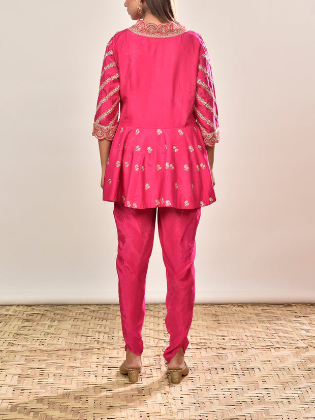 Pink Silk Embroidered Peplum and Dhoti Pants Set