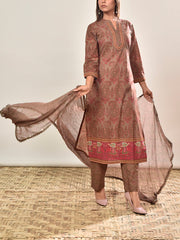 Brown Cotton Printed Suit Set